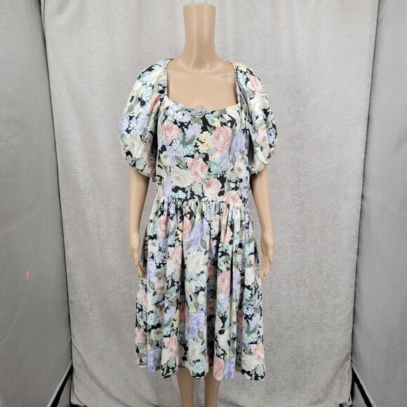 Impromptu 80s Vintage Floral Prom Puff Sleeve Dress Fitted Bodice - Picture 5 of 15